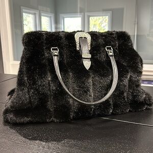 Raviani Black Faux Fur Crystal Buckle Bag